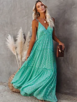 Robe nuisette maxi bohème à pois pour femme - Robe d'été vert menthe à col en V volants et dos nu - Collection été 2026