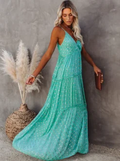 Robe nuisette maxi bohème à pois pour femme - Robe d'été vert menthe à col en V volants et dos nu - Collection été 2026
