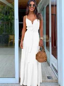 Robe nuisette maxi bohème pour femme - Robe d'été à volants boutonnée et nouée à la taille - Vacances d'été à la plage 2026