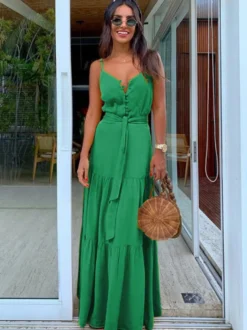 Robe nuisette maxi bohème pour femme - Robe d'été à volants boutonnée et nouée à la taille - Vacances d'été à la plage 2026