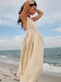 Robe nuisette maxi dos nu 100 % coton pour femme - Robe bohème à bretelles nouées col en V et coupe trapèze - Idéale pour les vacances d'été à la plage 2026