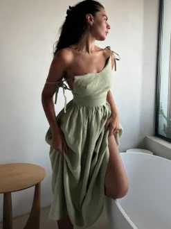Robe nuisette maxi dos nu 100 % coton pour femme - Robe bohème à bretelles nouées col en V et coupe trapèze - Idéale pour les vacances d'été à la plage 2026