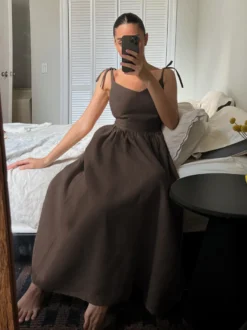 Robe nuisette maxi dos nu 100 % coton pour femme - Robe bohème à bretelles nouées col en V et coupe trapèze - Idéale pour les vacances d'été à la plage 2026