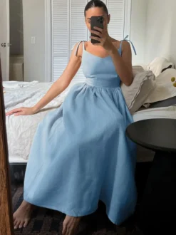 Robe nuisette maxi dos nu 100 % coton pour femme - Robe bohème à bretelles nouées col en V et coupe trapèze - Idéale pour les vacances d'été à la plage 2026