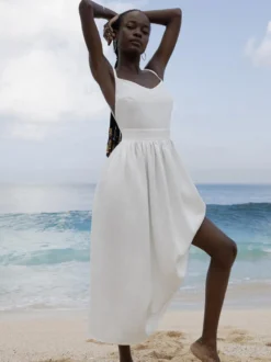 Robe nuisette maxi dos nu 100 % coton pour femme - Robe bohème à bretelles nouées col en V et coupe trapèze - Idéale pour les vacances d'été à la plage 2026