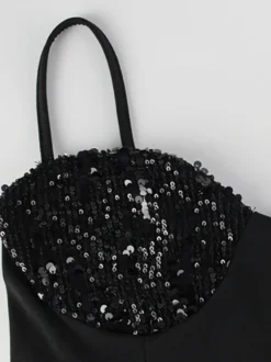 Robe nuisette midi à sequins pour femme - Robe noire élégante à bretelles spaghetti et ourlet sirène - Tenue de soirée d'été 2026