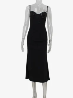 Robe nuisette midi à sequins pour femme - Robe noire élégante à bretelles spaghetti et ourlet sirène - Tenue de soirée d'été 2026