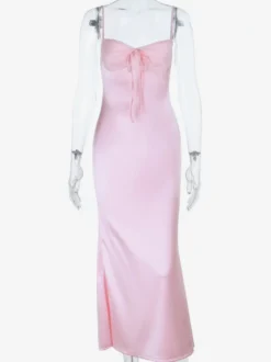 Robe nuisette rose pastel Coquette pour femme - Robe midi à bretelles et nœud sur le devant - Tenues pour un rendez-vous romantique au printemps 2026