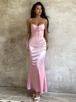 Robe nuisette rose pastel Coquette pour femme - Robe midi à bretelles et nœud sur le devant - Tenues pour un rendez-vous romantique au printemps 2026
