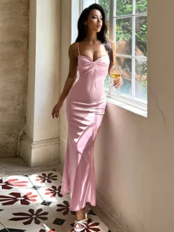 Robe nuisette rose pastel Coquette pour femme - Robe midi à bretelles et nœud sur le devant - Tenues pour un rendez-vous romantique au printemps 2026