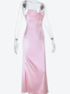 Robe nuisette rose pastel Coquette pour femme - Robe midi à bretelles et nœud sur le devant - Tenues pour un rendez-vous romantique au printemps 2026