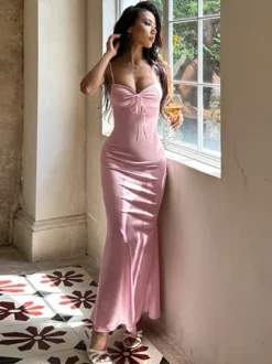 Robe nuisette rose pastel Coquette pour femme - Robe midi à bretelles et nœud sur le devant - Tenues pour un rendez-vous romantique au printemps 2026