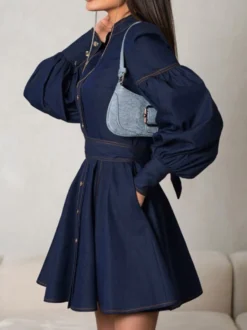 Robe patineuse en jean à manches bouffantes et boutonnée mini-robe trapèze pour femme 2026