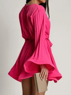 Robe Patineuses Courte Manches Longues Plissées À Lacets Robe Évasée Chic Mini Robe