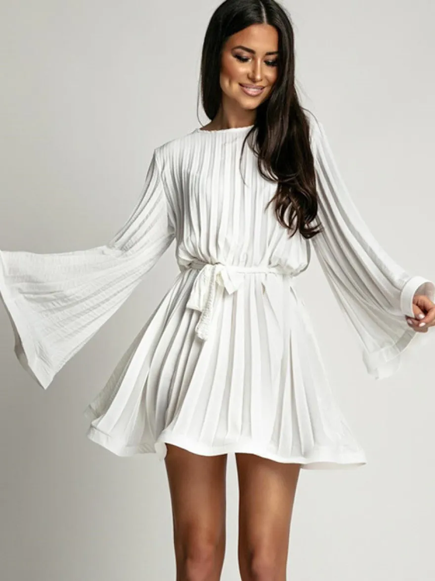 Robe Patineuses Courte Manches Longues Plissées À Lacets Robe Évasée Chic Mini Robe