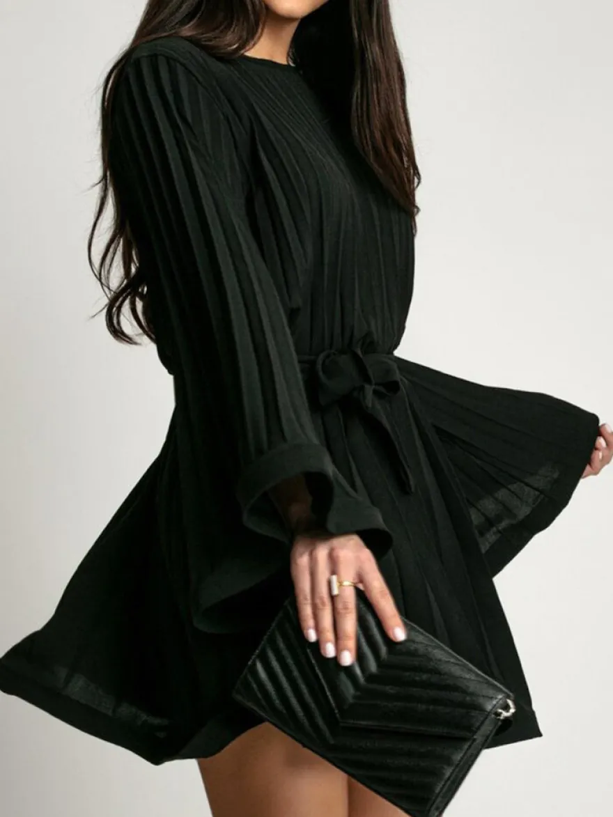 Robe Patineuses Courte Manches Longues Plissées À Lacets Robe Évasée Chic Mini Robe