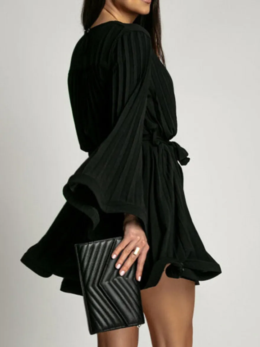Robe Patineuses Courte Manches Longues Plissées À Lacets Robe Évasée Chic Mini Robe