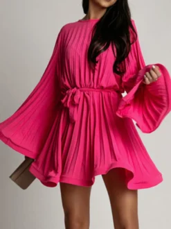 Robe Patineuses Courte Manches Longues Plissées À Lacets Robe Évasée Chic Mini Robe
