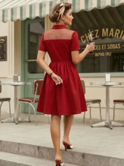 Robe pin-up rockabilly à encolure cœur et patchwork en résille simple boutonnage pour femme 2026