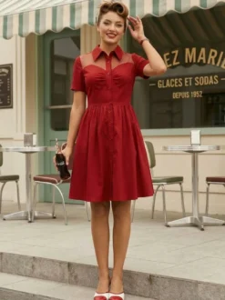 Robe pin-up rockabilly à encolure cœur et patchwork en résille simple boutonnage pour femme 2026