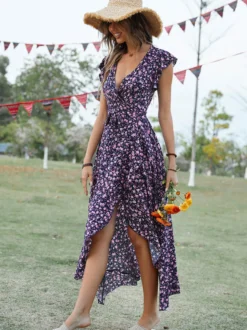 Robe portefeuille asymétrique à imprimé floral pour femme - Robe longue à manches papillon col en V et ourlet à volants - Idéale pour un mariage d'été au jardin (collection 2026)