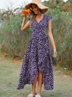 Robe portefeuille asymétrique à imprimé floral pour femme - Robe longue à manches papillon col en V et ourlet à volants - Idéale pour un mariage d'été au jardin (collection 2026)