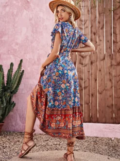 Robe portefeuille bohème à imprimé floral pour femme - Robe longue imprimée à col en V et manches à volants - Vacances d'été à la plage 2026