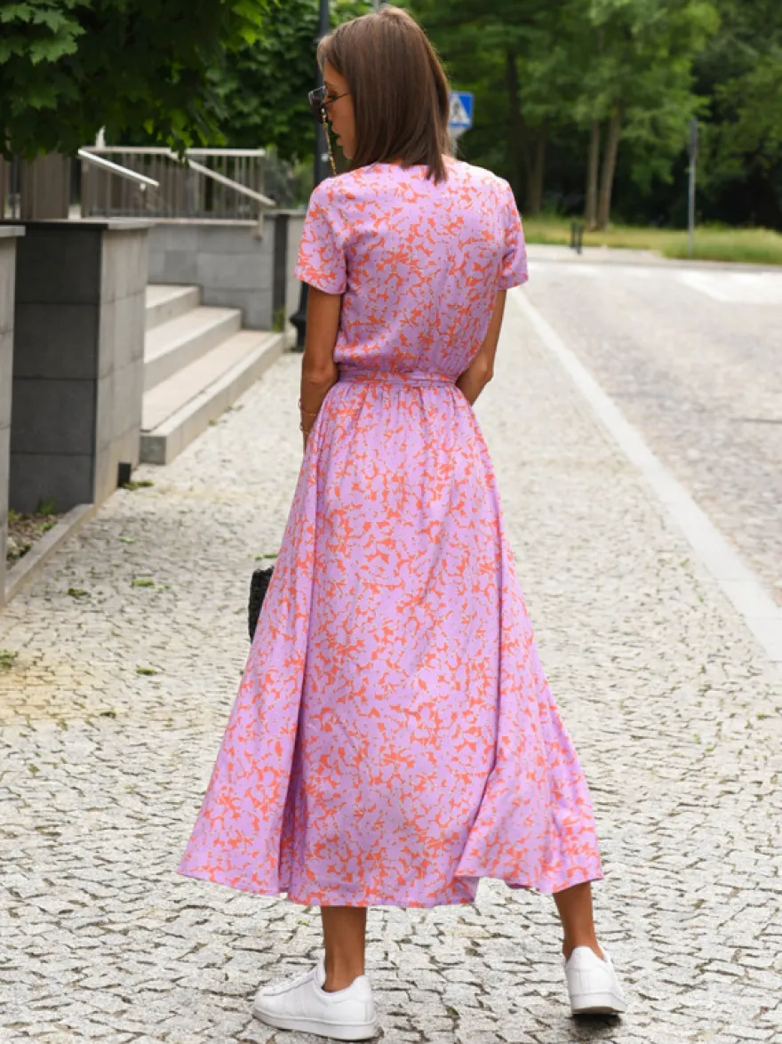 Robe portefeuille imprimée col en V manches courtes ceinturée robes mi-longues d'été décontractées