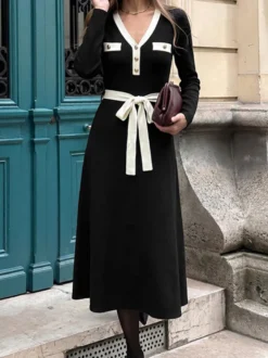 Robe pull longue Daily Dresses col color block maille côtelée taille cintrée nœud papillon