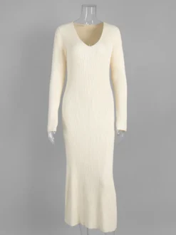 Robe pull maxi moulante à manches longues col en V et coupe ajustée en maille côtelée pour femme 2026