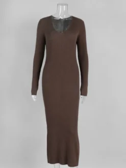 Robe pull maxi moulante à manches longues col en V et coupe ajustée en maille côtelée pour femme 2026