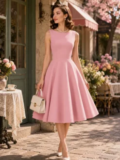 Robe rose élégante et cintrée à jupe trapèze parfaite pour les événements estivaux.