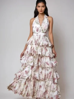 Robe rouge élégante à imprimé dos nu et volants sans manches col en V imprimée pour une soirée en amoureux