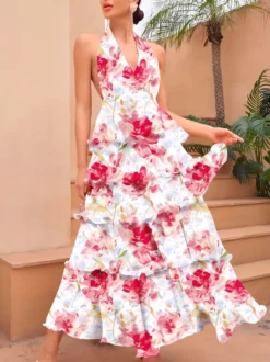 Robe rouge élégante à imprimé dos nu et volants sans manches col en V imprimée pour une soirée en amoureux