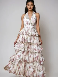 Robe rouge élégante à imprimé dos nu et volants sans manches col en V imprimée pour une soirée en amoureux