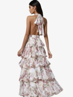 Robe rouge élégante à imprimé dos nu et volants sans manches col en V imprimée pour une soirée en amoureux