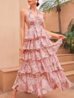 Robe rouge élégante à imprimé dos nu et volants sans manches col en V imprimée pour une soirée en amoureux