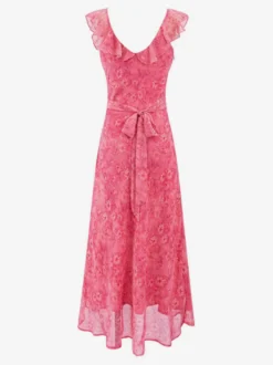 Robe rouge sans manches à col en V et taille haute ornée de volants idéale au quotidien.