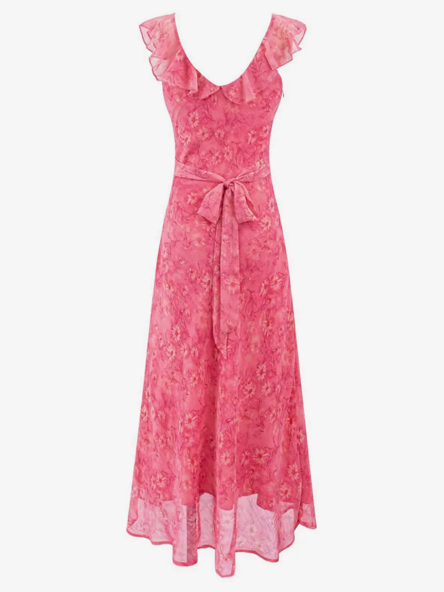 Robe rouge sans manches à col en V et taille haute ornée de volants idéale au quotidien.