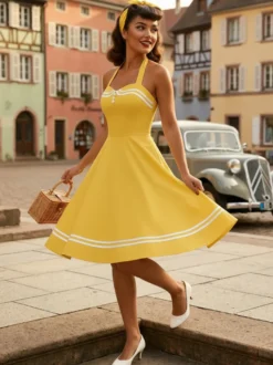 Robe rétro glamour années 50 à carreaux aquatiques dos nu boutons sans manches décolleté cœur taille M style rockabilly