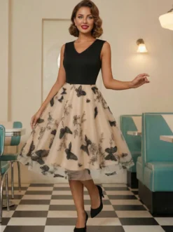 Robe rétro glamour années 50 noire bicolore à volants brodée sans manches col en V style rockabilly