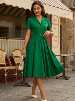 Robe rétro glamour style années 50 col en V boutons manches courtes superposées taille M style rockabilly