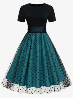Robe rétro glamour style années 50 col rond manches courtes superposées taille moyenne à pois style rockabilly
