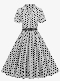 Robe rétro glamour style années 50 col rabattu boutons manches courtes robe trapèze à pois