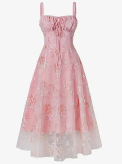 Robe rétro rose brodée coupe trapèze style années 50 robe midi évasée pour femme 2026