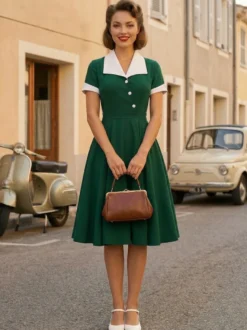 Robe rétro swing à manches courtes et col à revers contrastant pour femme 2026