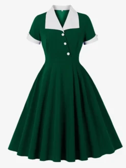 Robe rétro swing à manches courtes et col à revers contrastant pour femme 2026