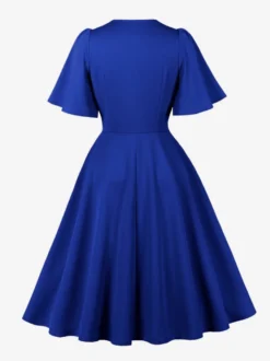 Robe rétro swing pour femme col en V froncée sur le devant boutons décoratifs manches papillon collection 2026