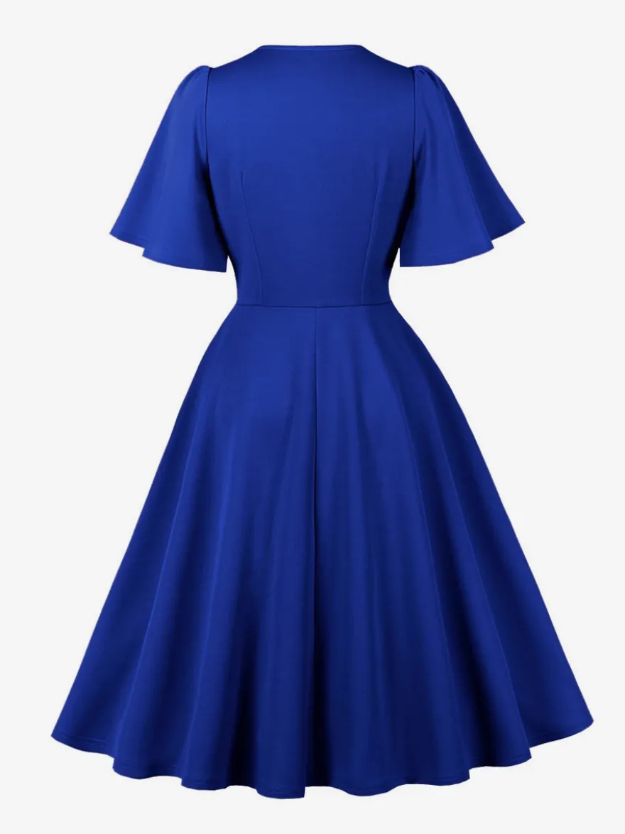 Robe rétro swing pour femme col en V froncée sur le devant boutons décoratifs manches papillon collection 2026