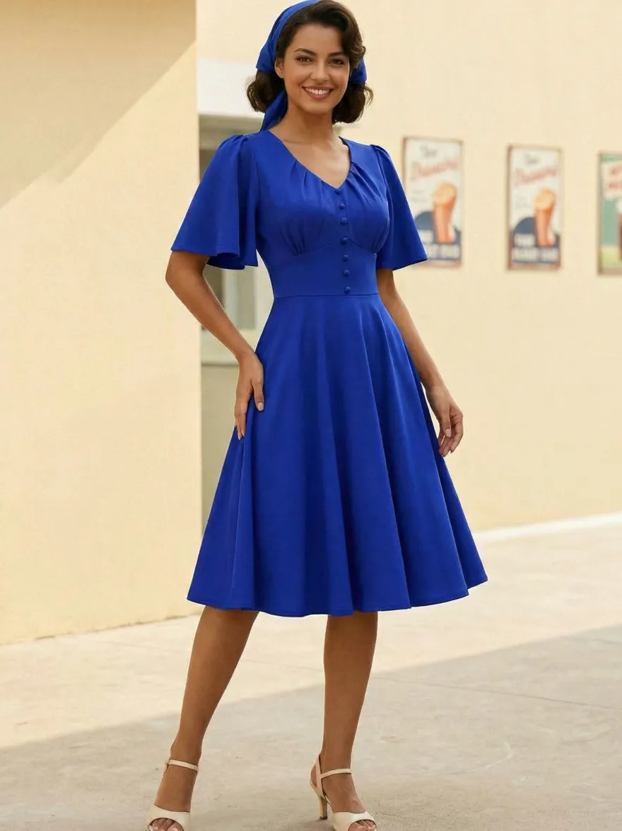 Robe rétro swing pour femme col en V froncée sur le devant boutons décoratifs manches papillon collection 2026